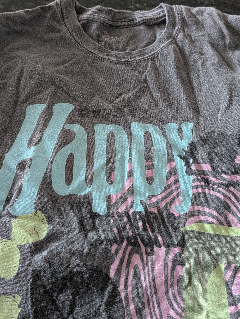 Urban Outfitters Black Tee with Pastel Blue "Happy" Graphic